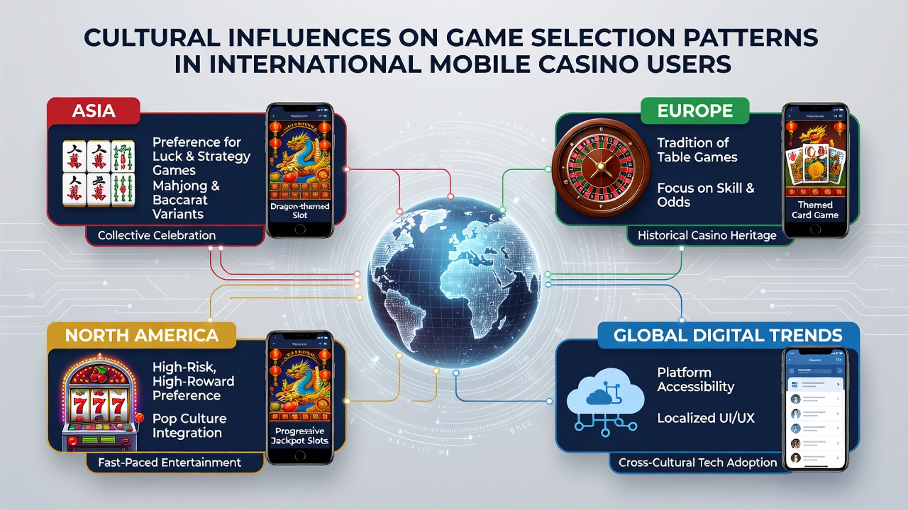 Mobile casino game interfaces displaying culturally diverse themes including Asian symbols, European card motifs, and Latin American inspired graphics on smartphones