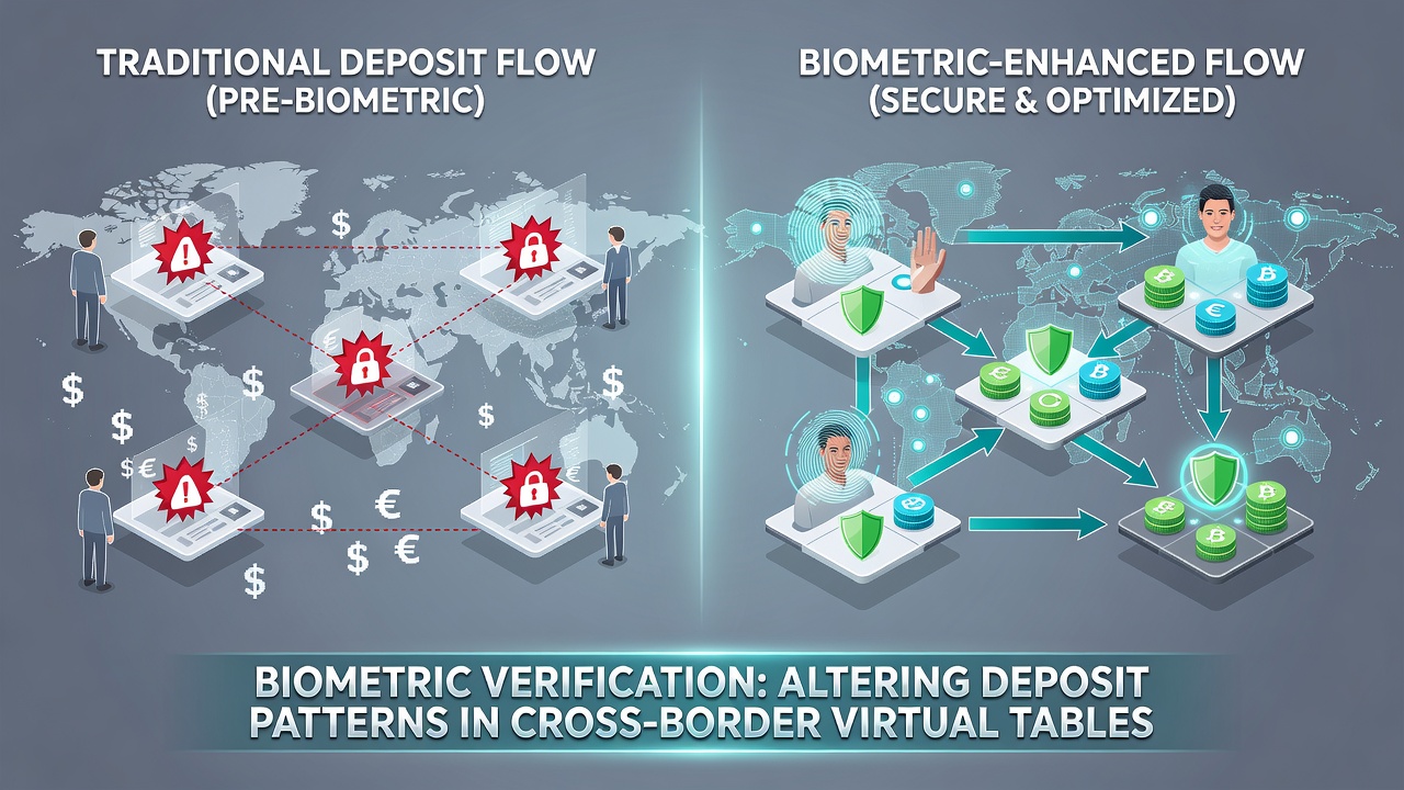 Dashboard view of deposit analytics on a virtual table platform highlighting shifts in transaction patterns after biometric implementation