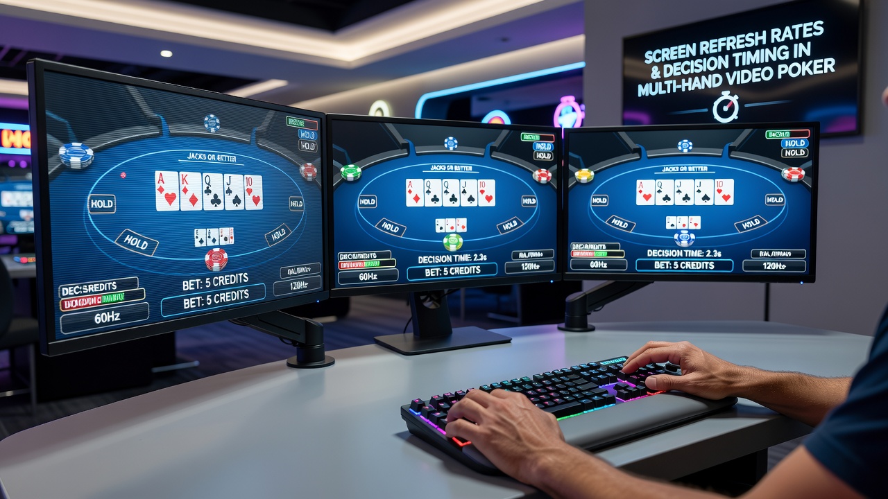 Close-up view of tablet gameplay showing multiple video poker hands with highlighted decision elements