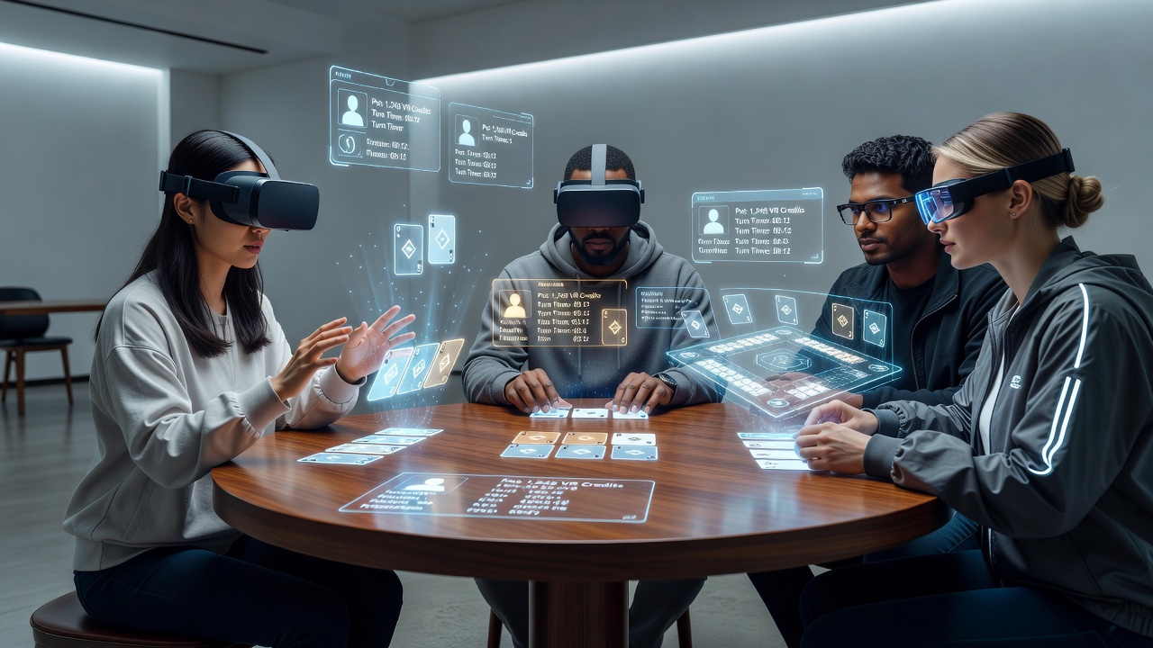 Virtual reality headset users engaging with digital card table interfaces in a gaming app environment