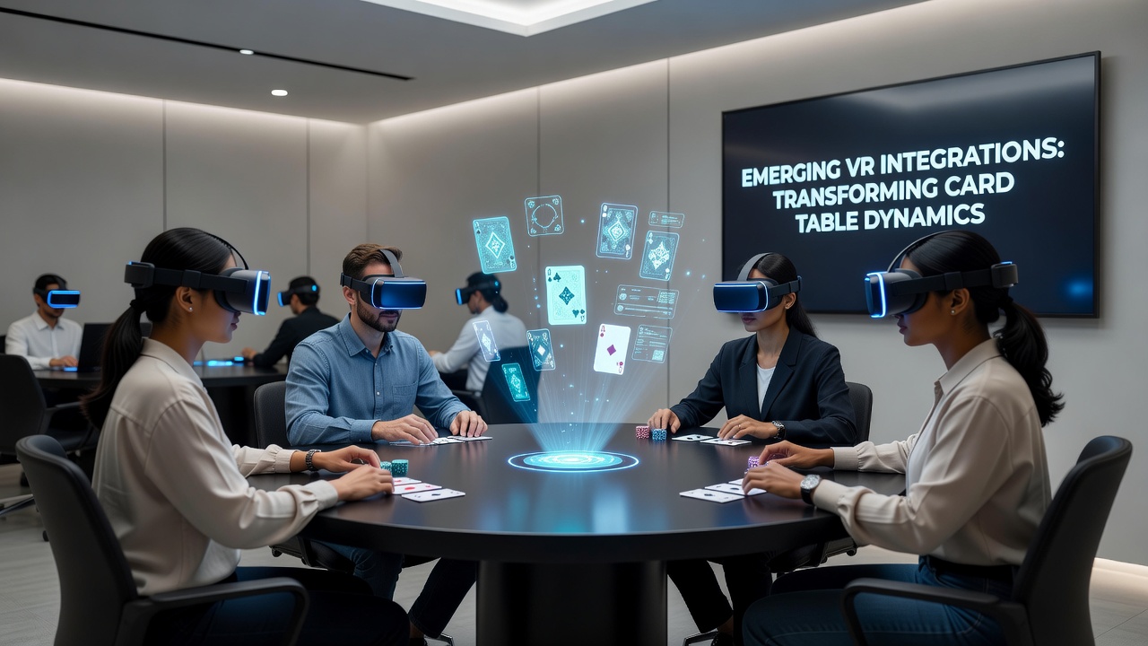 Group of players using virtual reality gear around a shared digital card table in an app simulation
