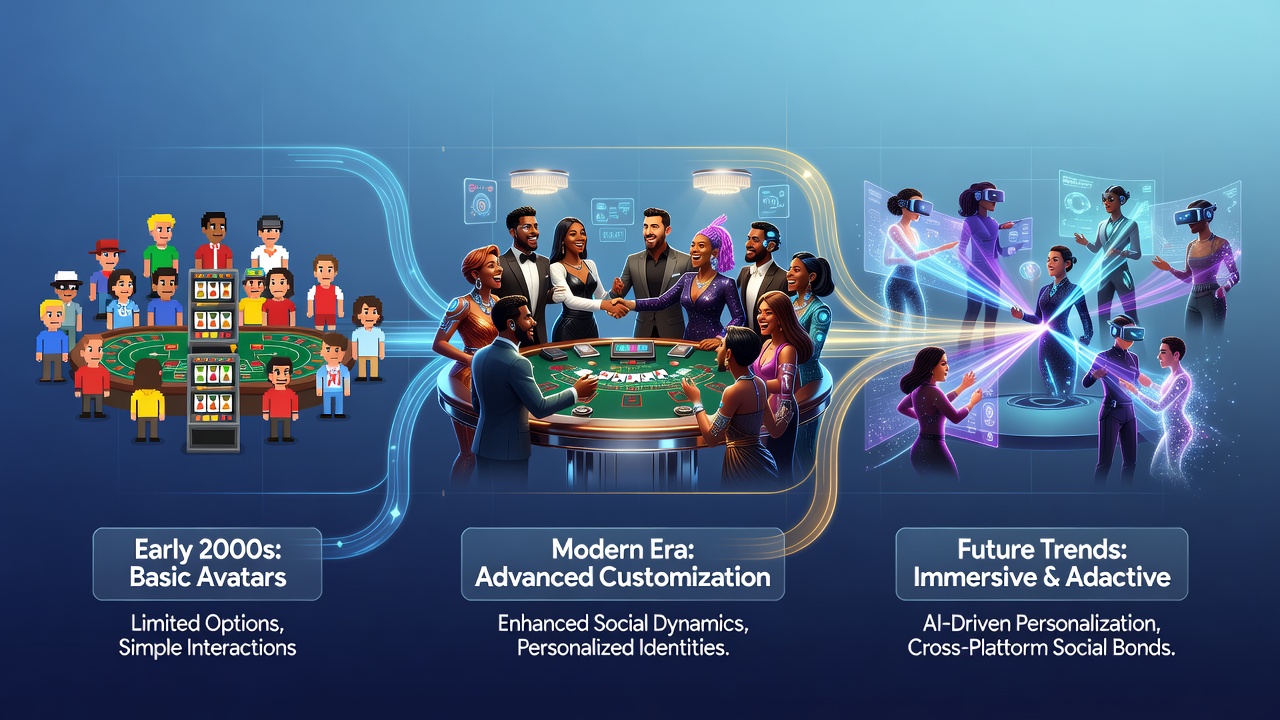 Early virtual casino avatars showing basic customization features like simple clothing and facial options in digital gaming environments