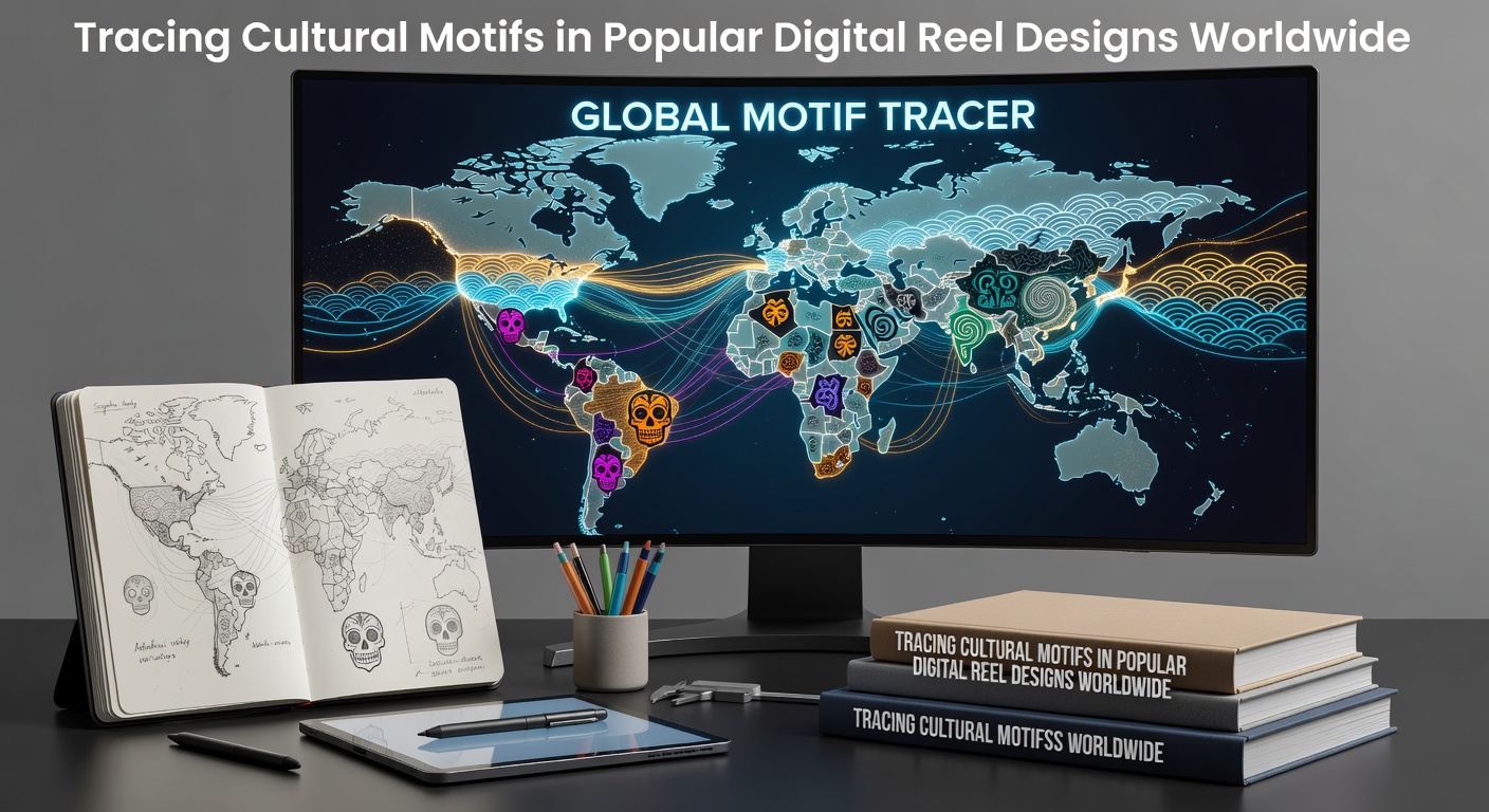 Digital reel interface displaying layered cultural symbols from multiple global traditions including geometric patterns and iconography